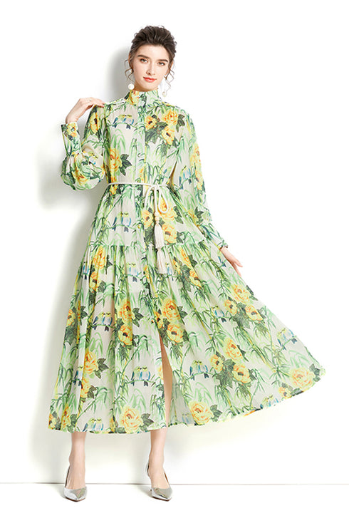 Elegant Floral Print Long Party Maxi Dress For Women, Mock Neck, Lantern Sleeve Renaissance Formal and Evening Vestidos